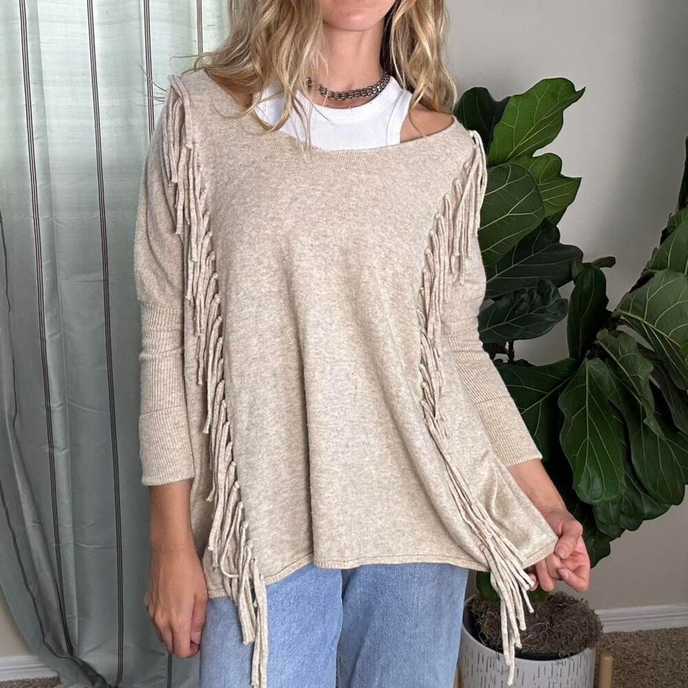 Cashmere, cotton & angora mix tan fringe sweater with a relaxed fit
